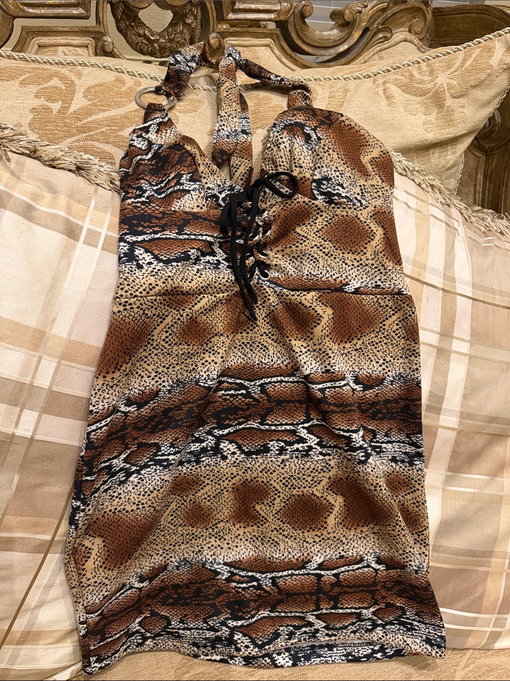 Brown Snake-Print Halter Dress with Lace-Up Front - NWT - size M